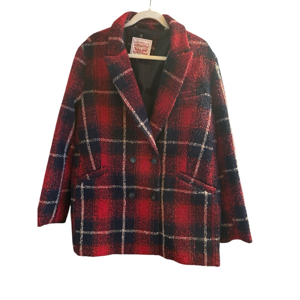 Levi Strauss Red Blue Plaid Woman's Extra Large Wool Blend Double Breasted Coat